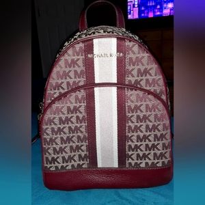 Michael Kors Backpack, maroon burgundy, pink stripe, gold hardware
